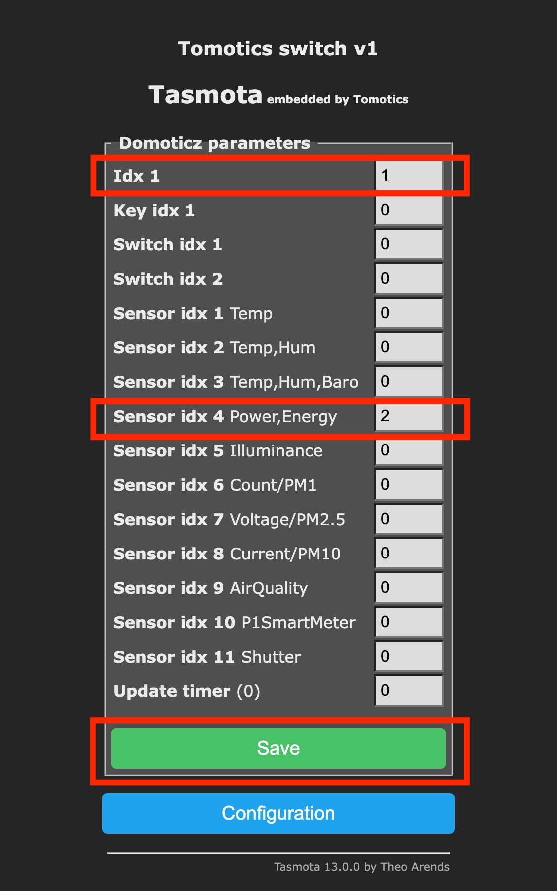 Tomotics switch v1 set Domoticz configuration