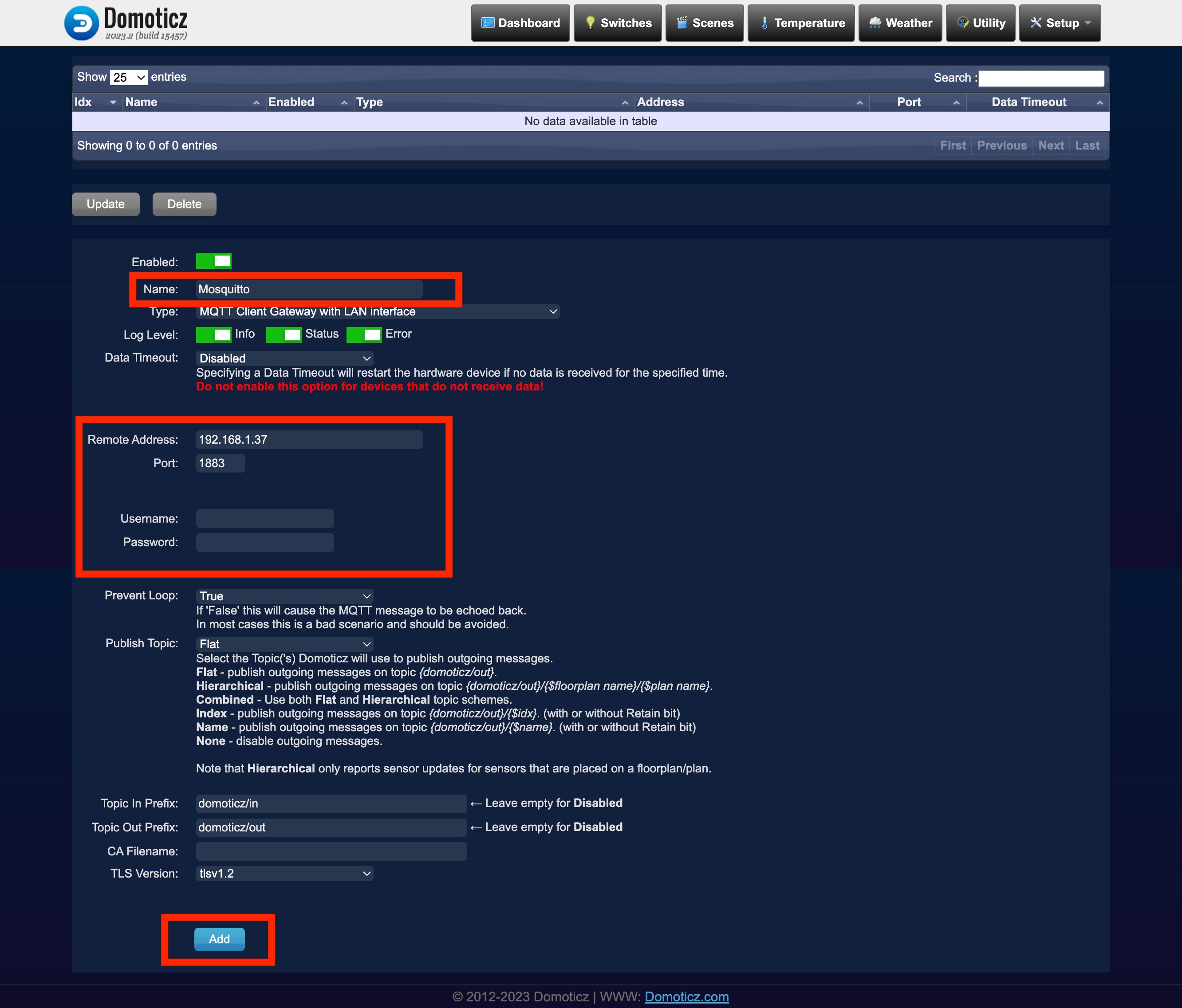 Domoticz add MQTT interface